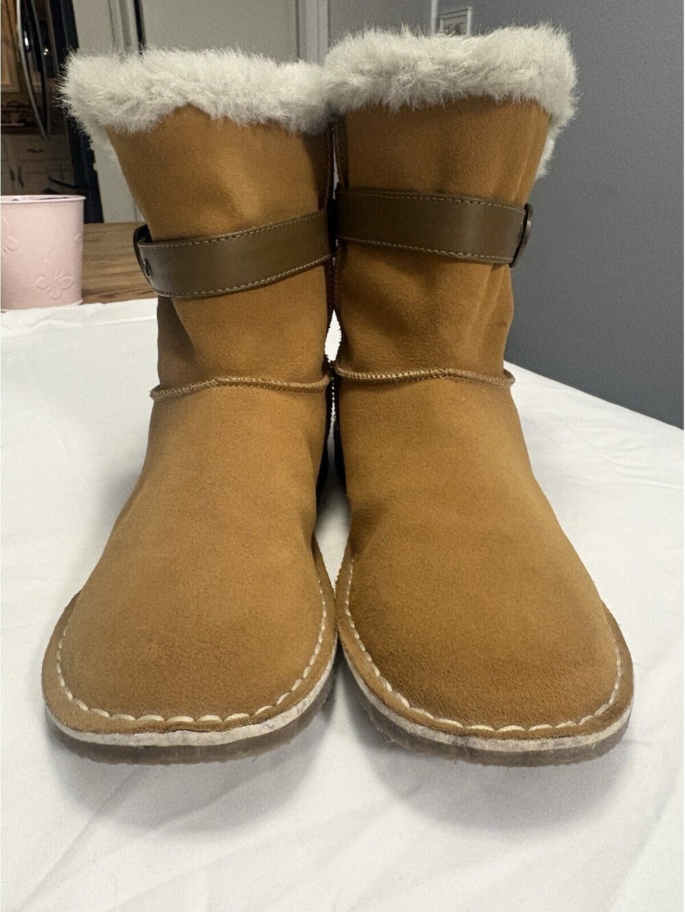 SKECHERS Women’s Brown Suede Mid-Calf Boots Faux Fur Lined Buckle US 8.5